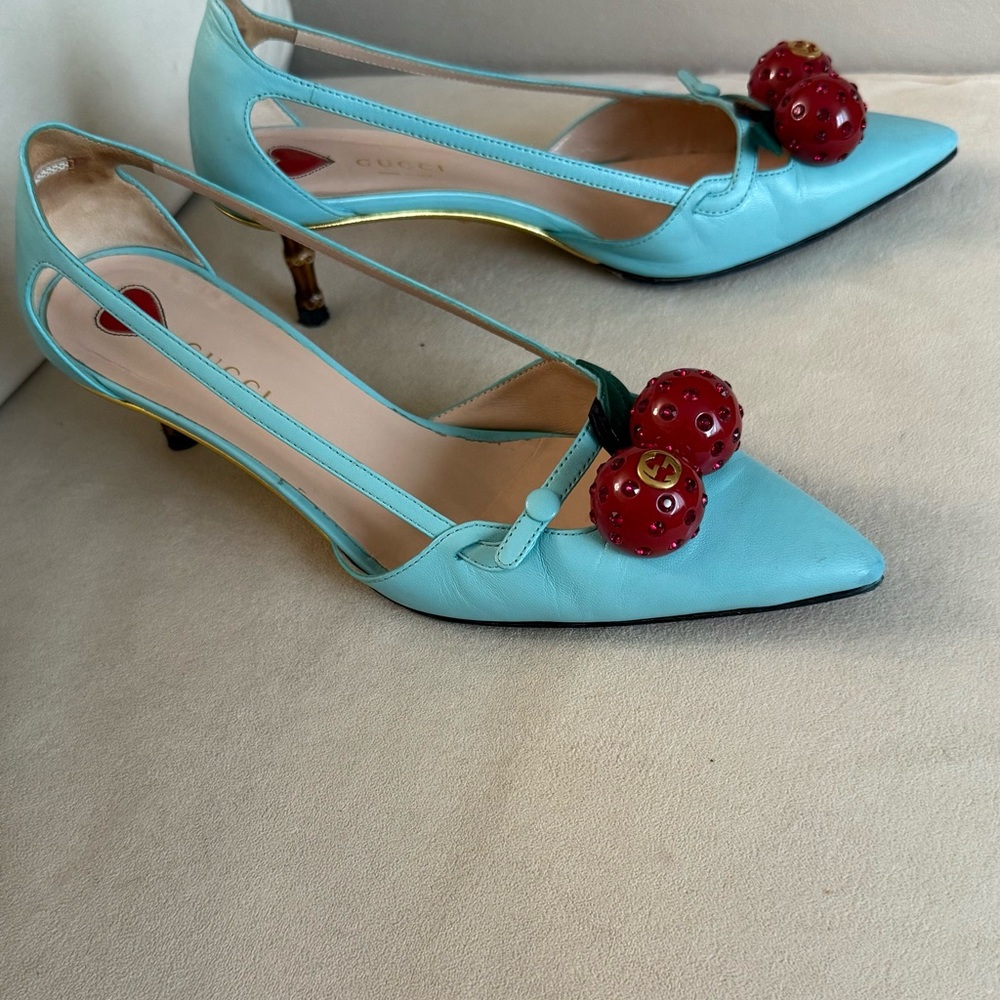 Gucci Blue and Red Heels with Cherry Detail